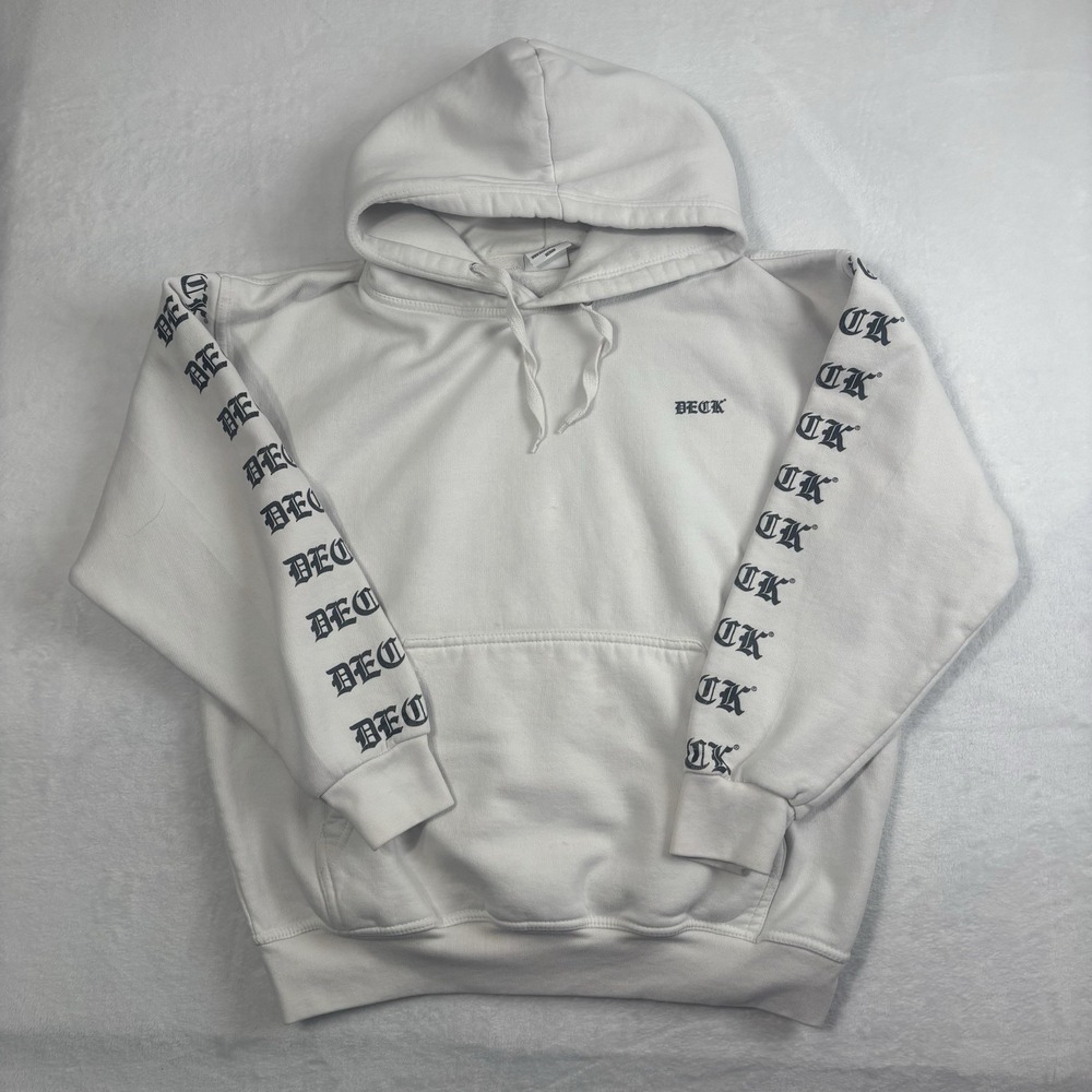 Deck‎ Clothing Skater White Pullover Fleece LS Hoodie Men's Medium Stains